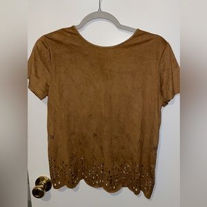 Brown velour shirt with scalloped bottom and cutouts